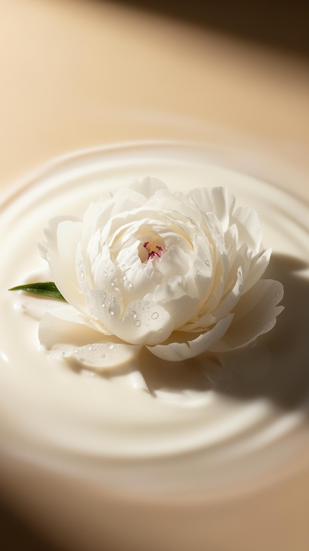 A white peony floating in cream